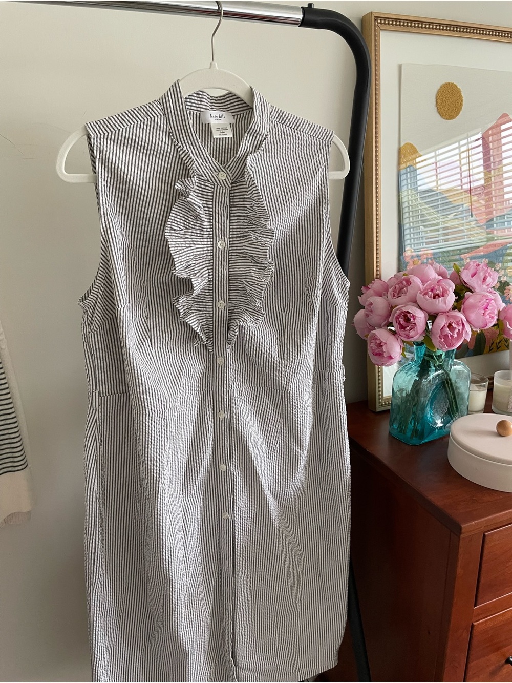 Kate Hill White and Gray Striped Sleeveless Front Ruffle SeersuckerDress